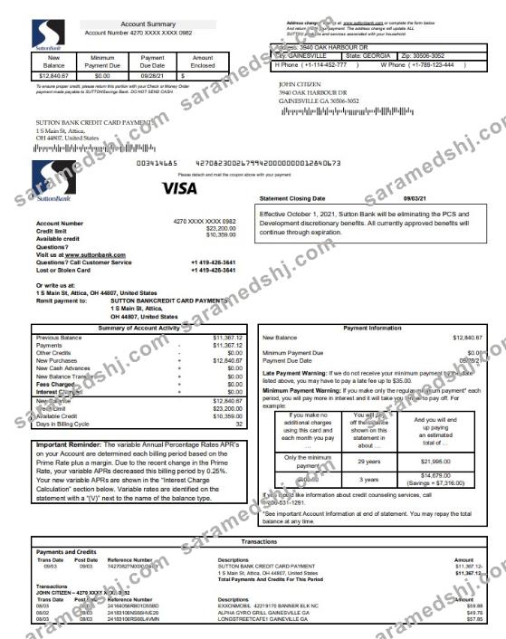 USA Sutton bank Credit card statement